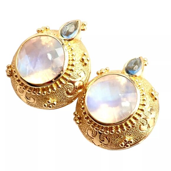 Rare! Vintage Paula Crevoshay 18k Gold Aquamarine Moonstone Round Earrings OOAK - Picture 8 of 12
